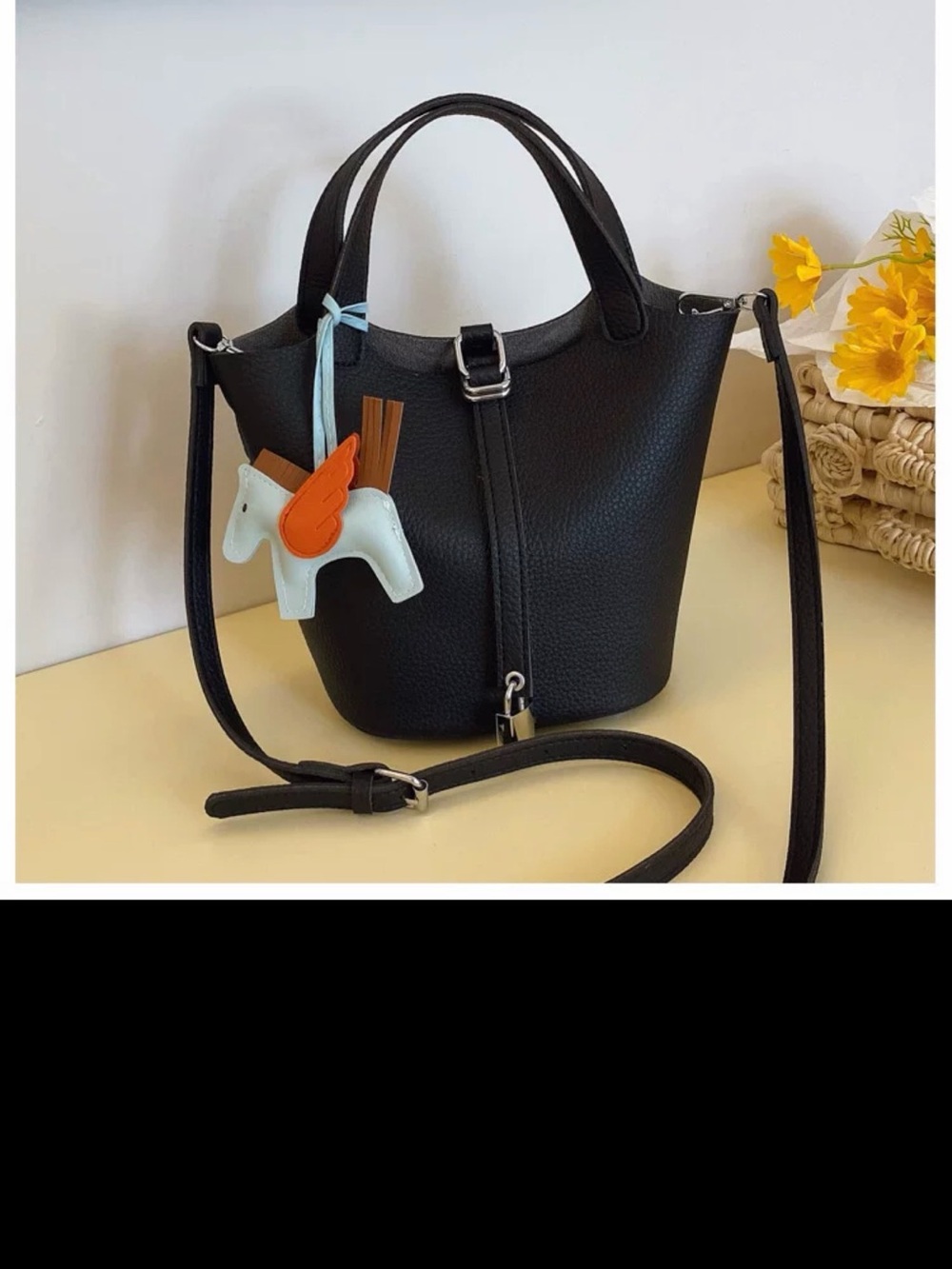 X 3 Sets of Black Women’s Leather Bucket Bag with Removable Strap.